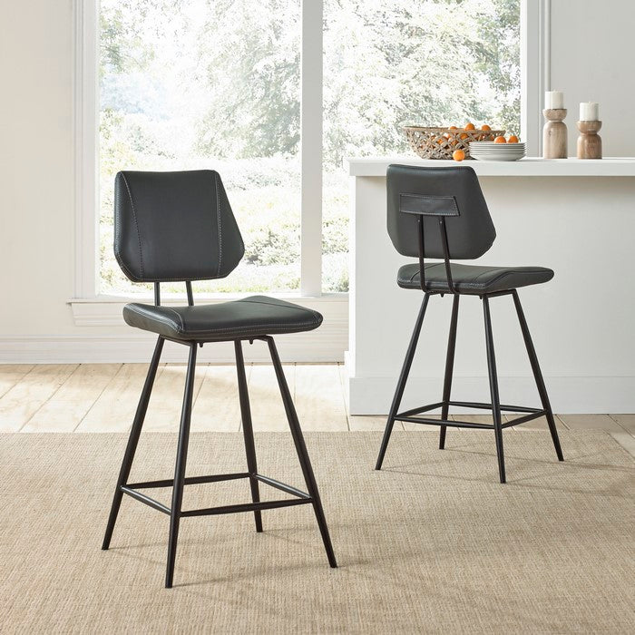 Leather Upholstered and Metal Counter Height Stool with Stitch Details, Black