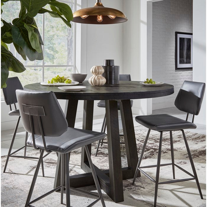 Leather Upholstered and Metal Counter Height Stool with Stitch Details, Black