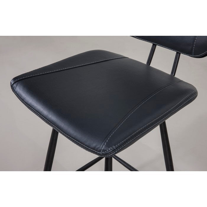 Leather Upholstered and Metal Counter Height Stool with Stitch Details, Black