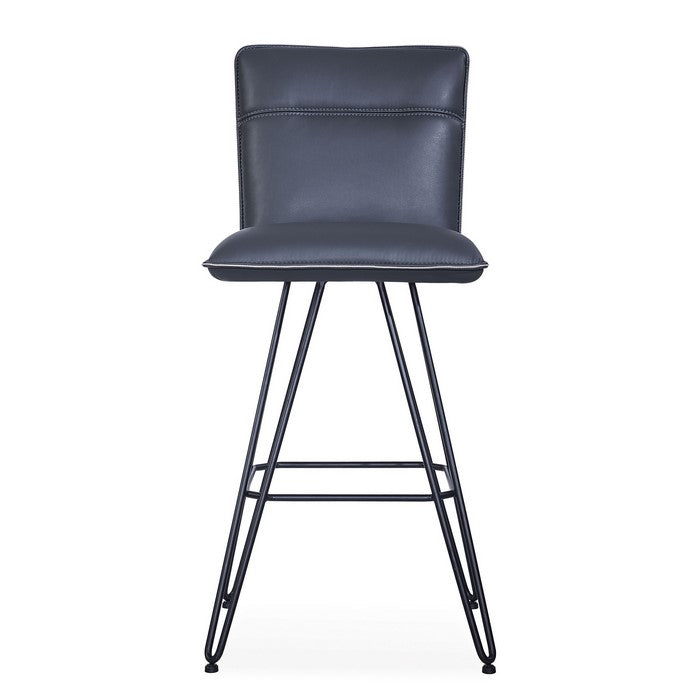 Metal Leather Upholstered Bar Height Stool with Hairpin Style Legs, Pack of Two, Blue and Black
