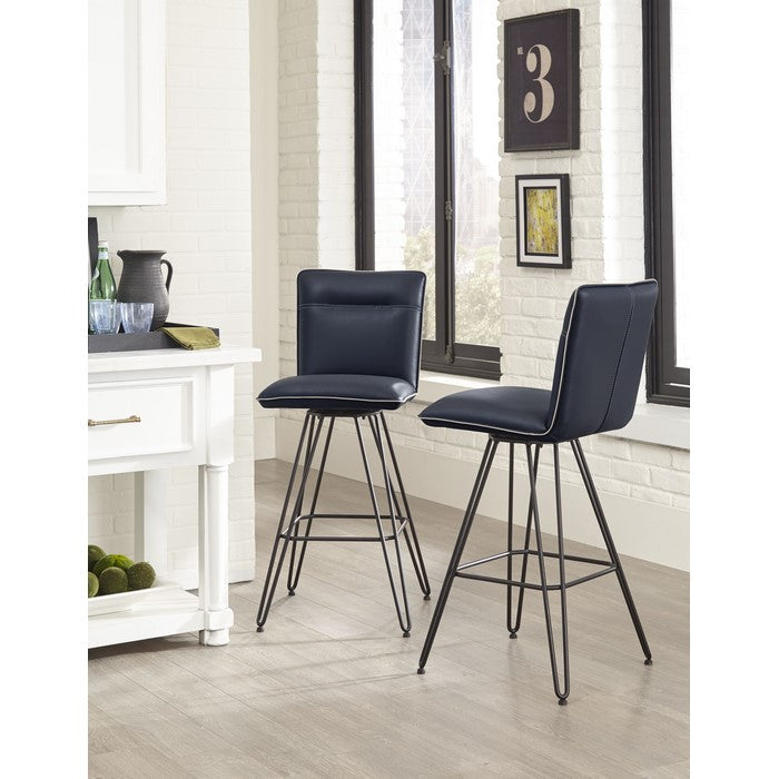 Metal Leather Upholstered Bar Height Stool with Hairpin Style Legs, Pack of Two, Blue and Black