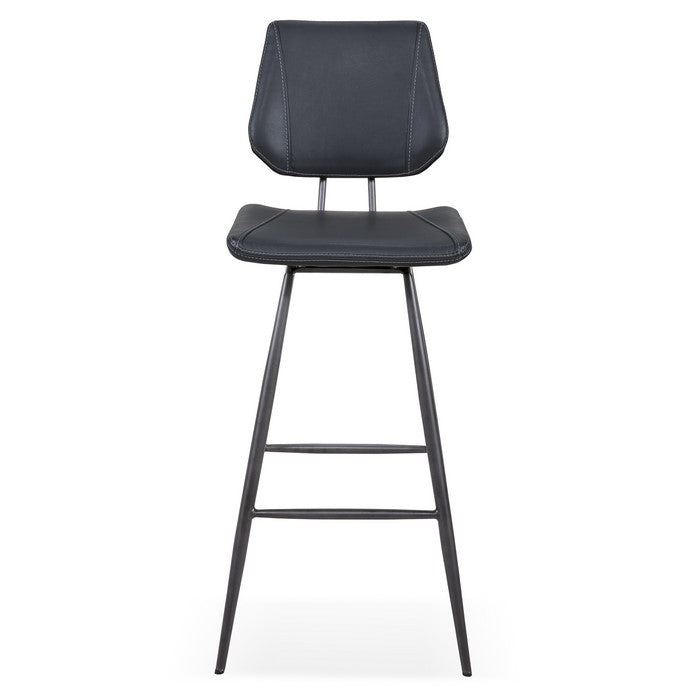 Leather Upholstered and Metal Bar Height Stool with Stitch Details, Black