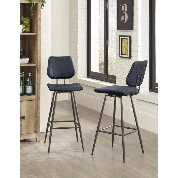 Leather Upholstered and Metal Bar Height Stool with Stitch Details, Black