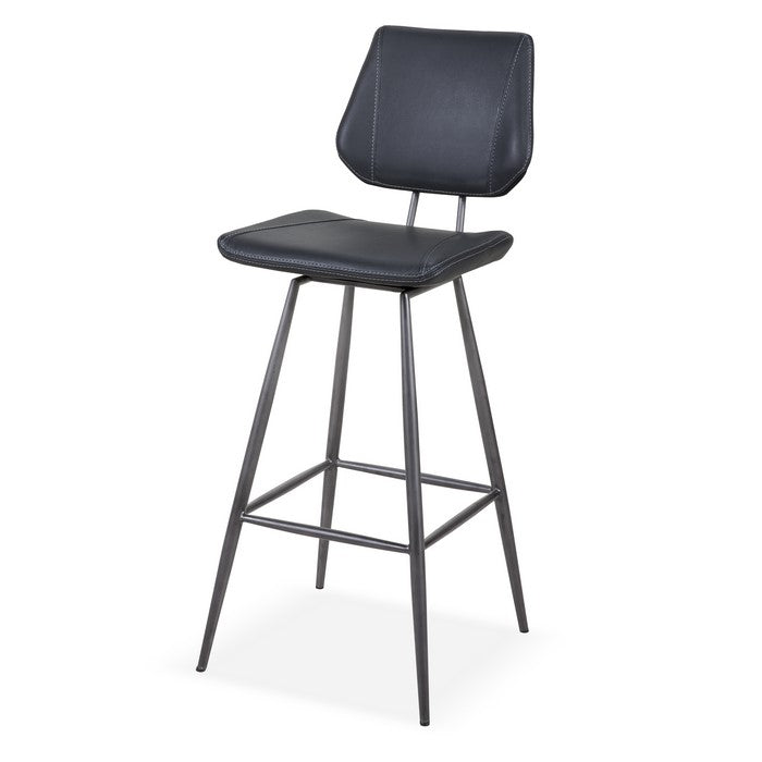 Leather Upholstered and Metal Bar Height Stool with Stitch Details, Black
