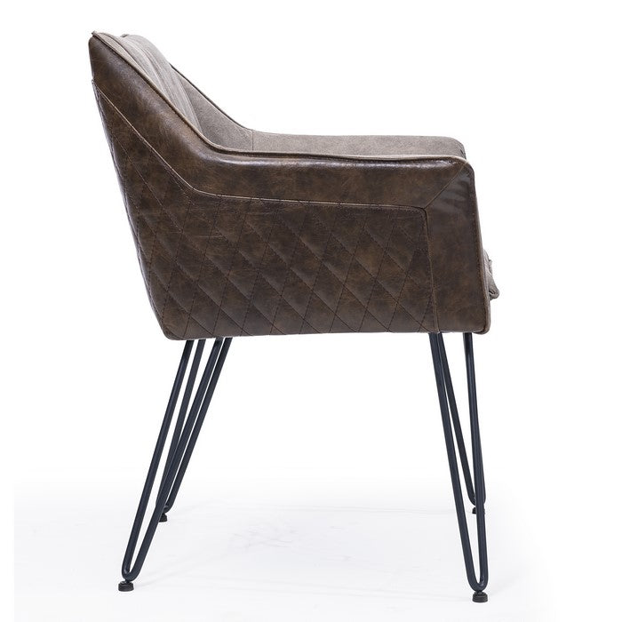 Leather Upholstered Metal Chair with Diamond Stitched Details, Rustic Brown and Black