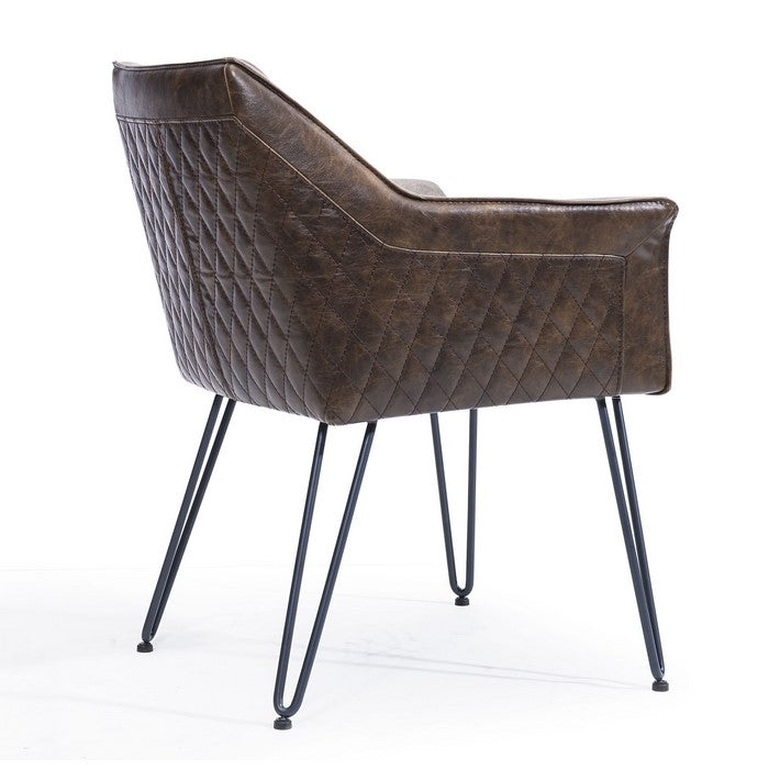 Leather Upholstered Metal Chair with Diamond Stitched Details, Rustic Brown and Black