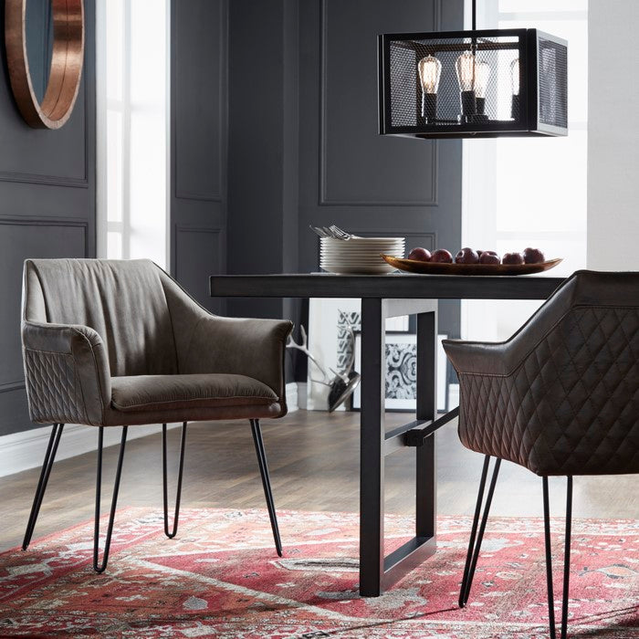 Leather Upholstered Metal Chair with Diamond Stitched Details, Rustic Brown and Black