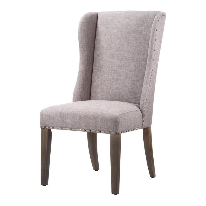 Fabric Upholstered Wooden Chair with Demi Wing Back Design, Set of 2, Brown and  Gray