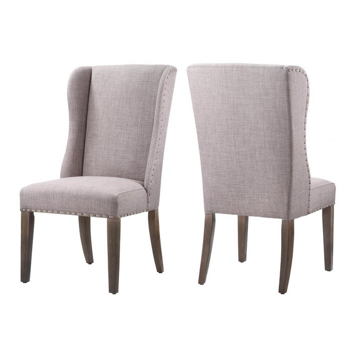 Fabric Upholstered Wooden Chair with Demi Wing Back Design, Set of 2, Brown and  Gray