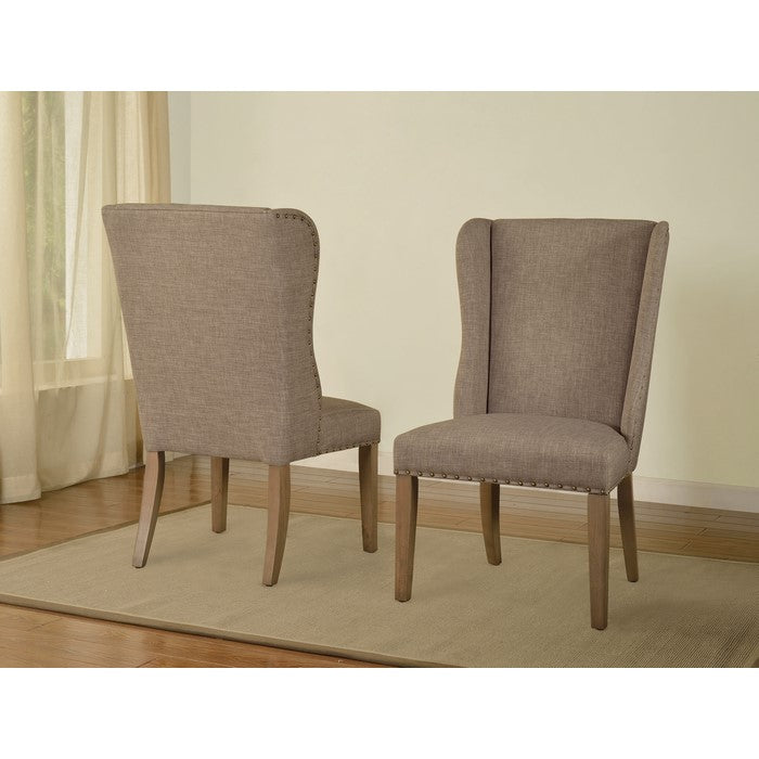 Fabric Upholstered Wooden Chair with Demi Wing Back Design, Set of 2, Brown and  Gray