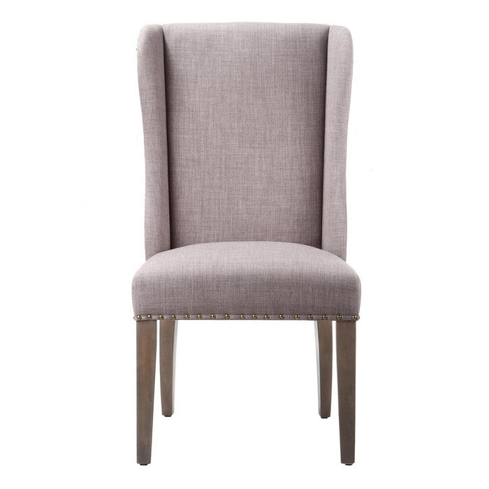 Fabric Upholstered Wooden Chair with Demi Wing Back Design, Set of 2, Brown and  Gray