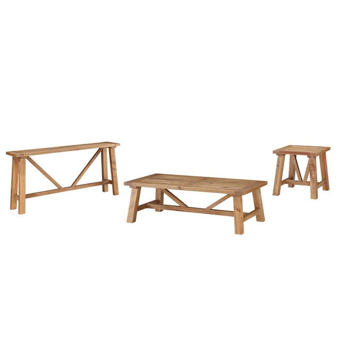 Pine Wood End Table with Trestle Reinforced Sawhorse Base, Brown