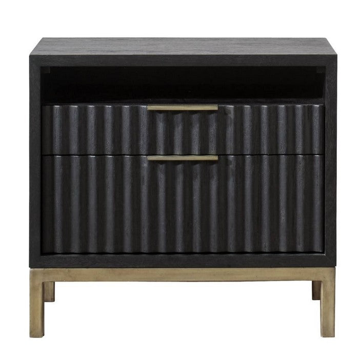 Wood and Metal Nightstand with Scalloped Drawer Fronts, Black and Brass