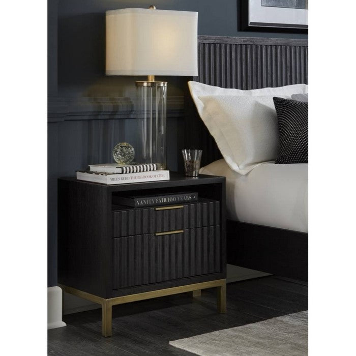 Wood and Metal Nightstand with Scalloped Drawer Fronts, Black and Brass