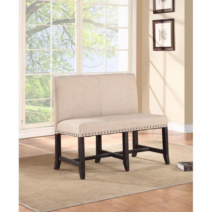 Fabric Upholstered Pine Wood Bench with Nail Head Trim, Black and Beige