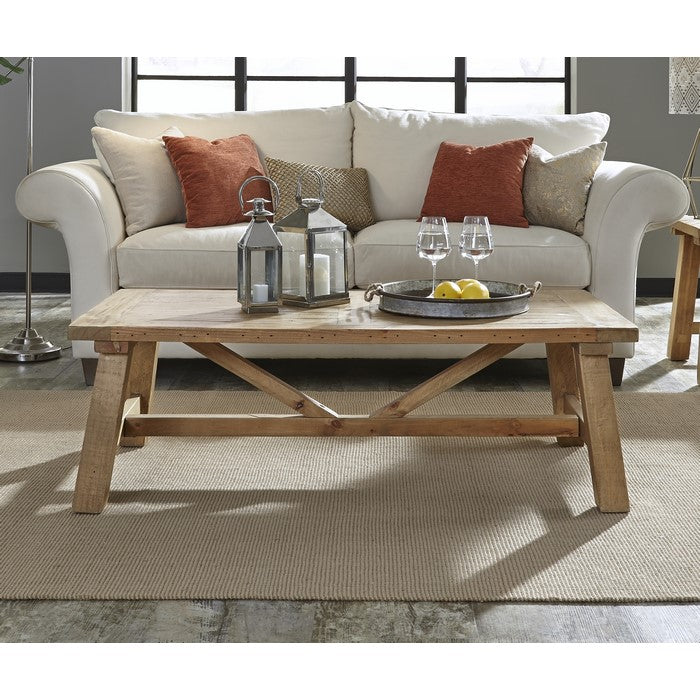 Pine Wood Coffee Table with Trestle Reinforced Sawhorse Base, Brown