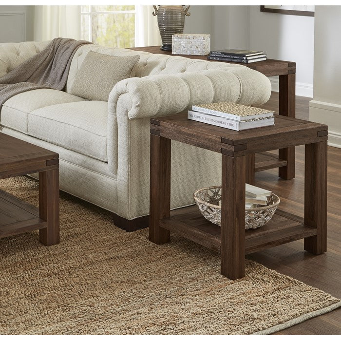 Acacia Wood End Table with Exposed Mortise and Tenon Corner Joints, Brown