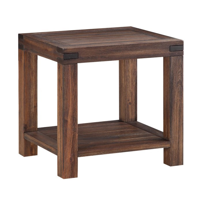 Acacia Wood End Table with Exposed Mortise and Tenon Corner Joints, Brown
