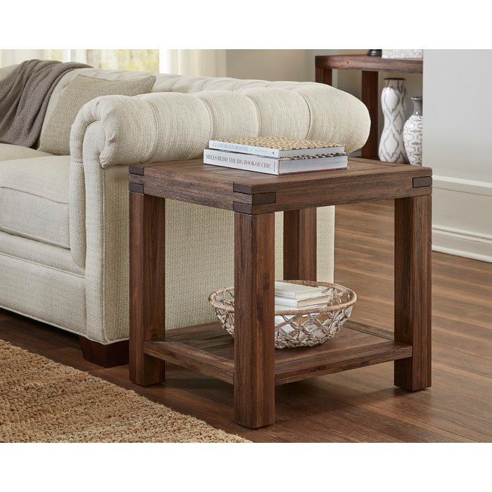 Acacia Wood End Table with Exposed Mortise and Tenon Corner Joints, Brown