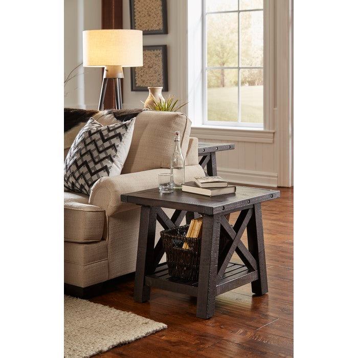 Pine Wood End Table with Exposed Hardware, Brown