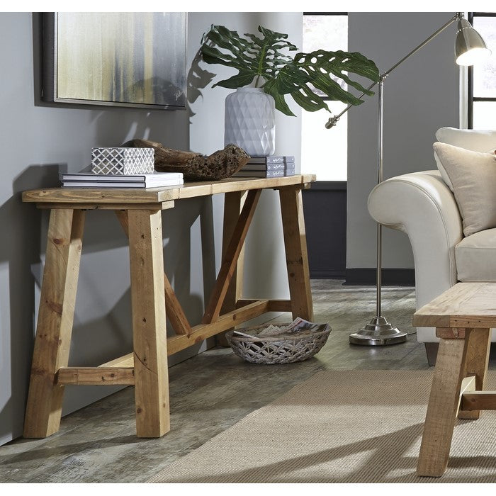 Pine Console table with  Trestle Reinforced Sawhorse Base, Brown