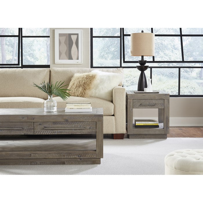 Acacia Wood End Table with One Open Shelf and One Drawer, Gray