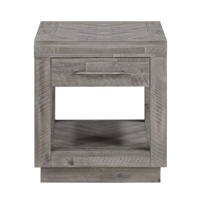 Acacia Wood End Table with One Open Shelf and One Drawer, Gray
