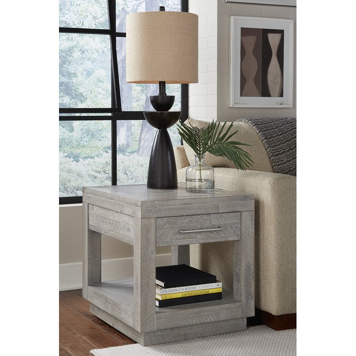 Acacia Wood End Table with One Open Shelf and One Drawer, Gray