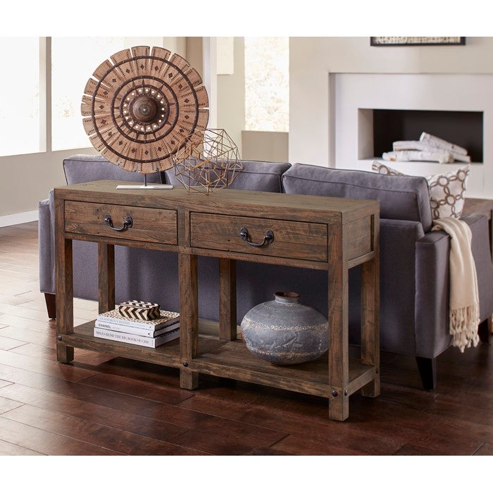 Wooden Console Table with Two Drawers and One Open Shelf, Taupe Brown