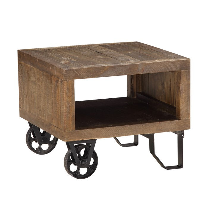 Pine Wood and Metal End Table with Wheelbarrow Base Design, Brown and Black