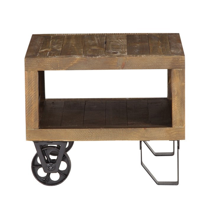 Pine Wood and Metal End Table with Wheelbarrow Base Design, Brown and Black