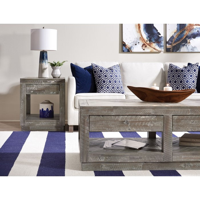 Acacia Wood End Table with One Drawer and One Shelf, Gray