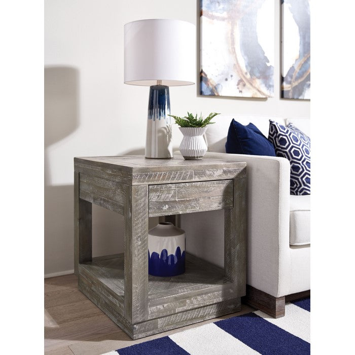 Acacia Wood End Table with One Drawer and One Shelf, Gray