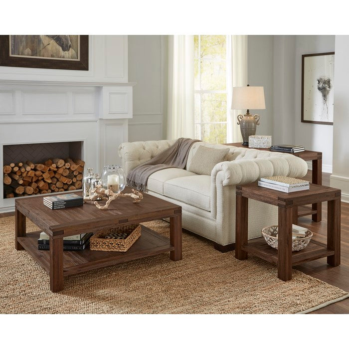 Acacia Wood Coffee Table with Exposed Mortise and Tenon Corner Joints, Brown
