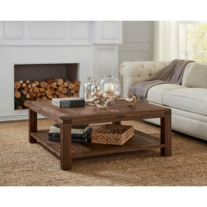 Acacia Wood Coffee Table with Exposed Mortise and Tenon Corner Joints, Brown