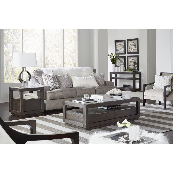 Acacia Wood End Table with Glass Insert Tabletop, Gray
