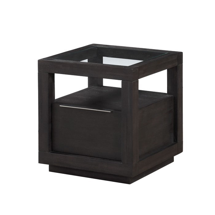 Acacia Wood End Table with Glass Insert Tabletop, Gray