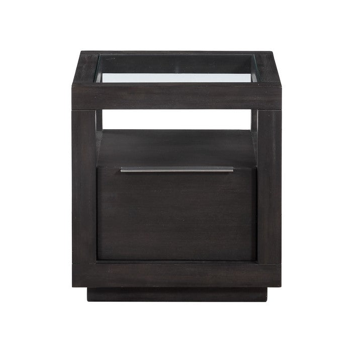 Acacia Wood End Table with Glass Insert Tabletop, Gray