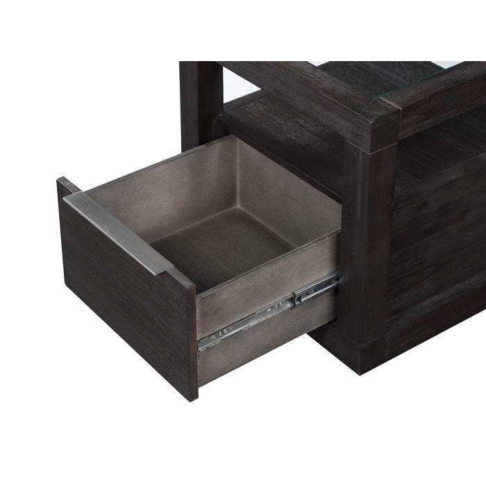 Acacia Wood End Table with Glass Insert Tabletop, Gray