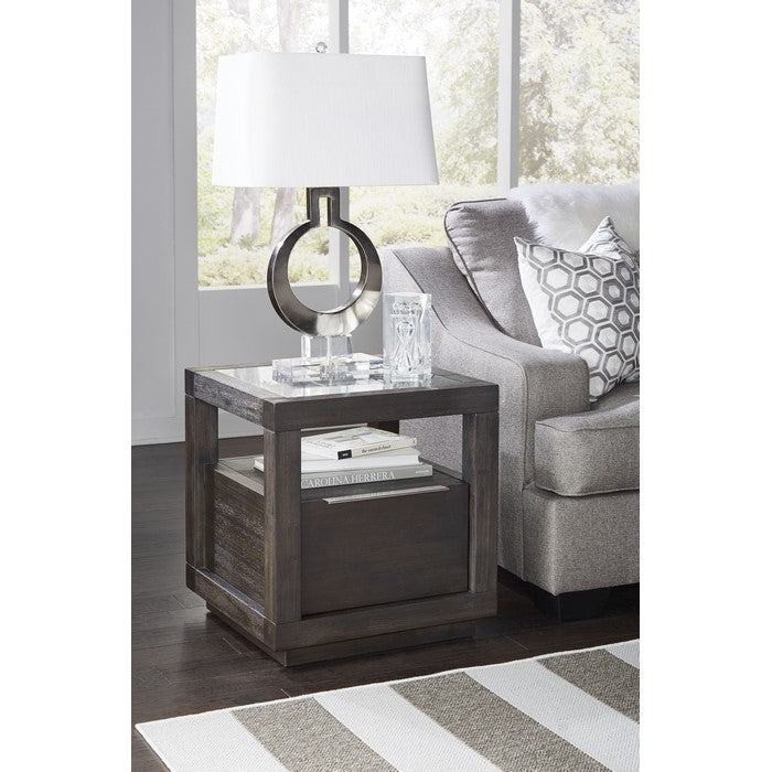 Acacia Wood End Table with Glass Insert Tabletop, Gray