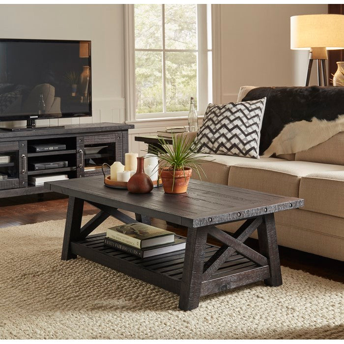 Pine Wood Coffee Table with Exposed Hardware, Brown