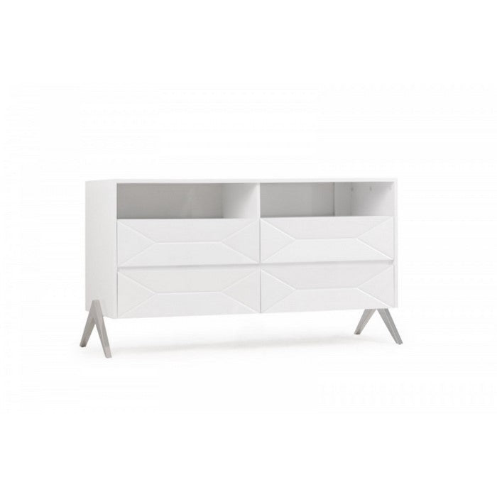 Four Drawers Modern Style Wooden Dresser with Inverted V Shaped Steel Legs , White