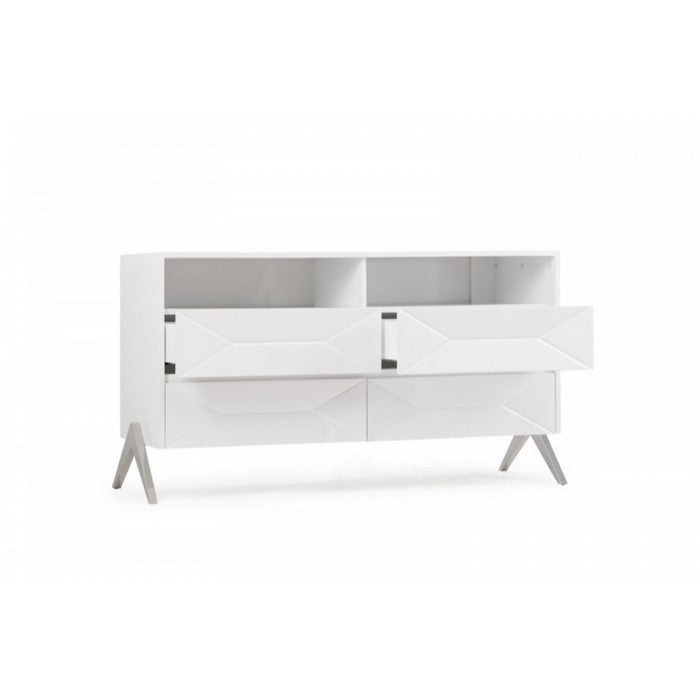 Four Drawers Modern Style Wooden Dresser with Inverted V Shaped Steel Legs , White