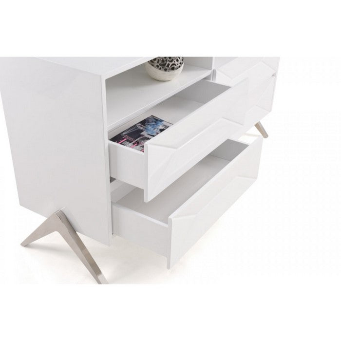 Four Drawers Modern Style Wooden Dresser with Inverted V Shaped Steel Legs , White