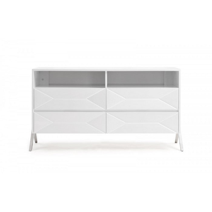 Four Drawers Modern Style Wooden Dresser with Inverted V Shaped Steel Legs , White