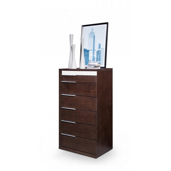 Modern Style Wooden Chest with Six Drawers and Metal Handles, Brown and Gray
