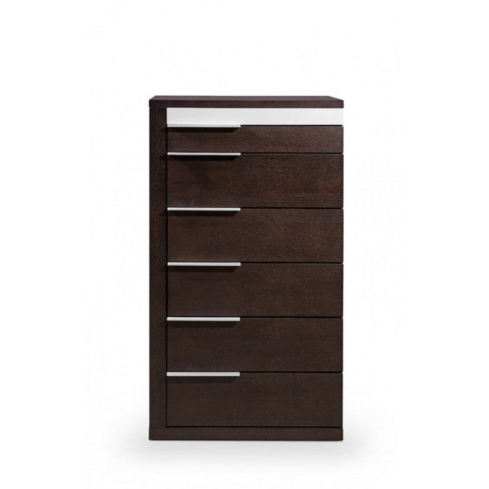 Modern Style Wooden Chest with Six Drawers and Metal Handles, Brown and Gray