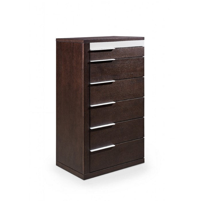Modern Style Wooden Chest with Six Drawers and Metal Handles, Brown and Gray