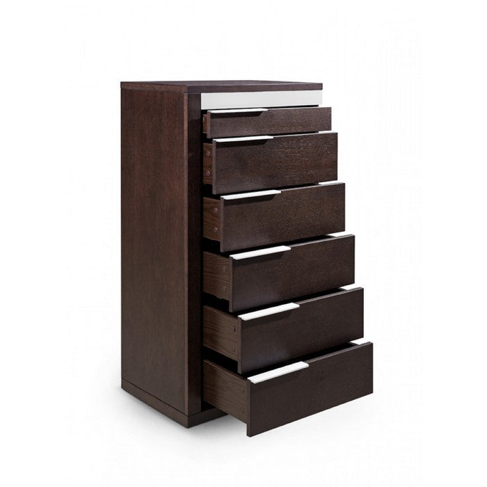 Modern Style Wooden Chest with Six Drawers and Metal Handles, Brown and Gray