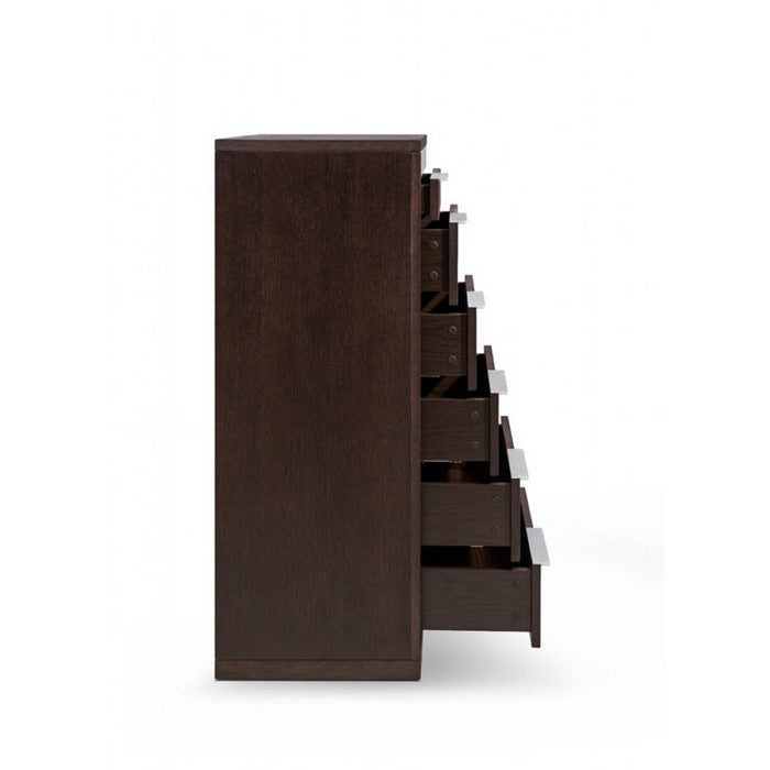 Modern Style Wooden Chest with Six Drawers and Metal Handles, Brown and Gray
